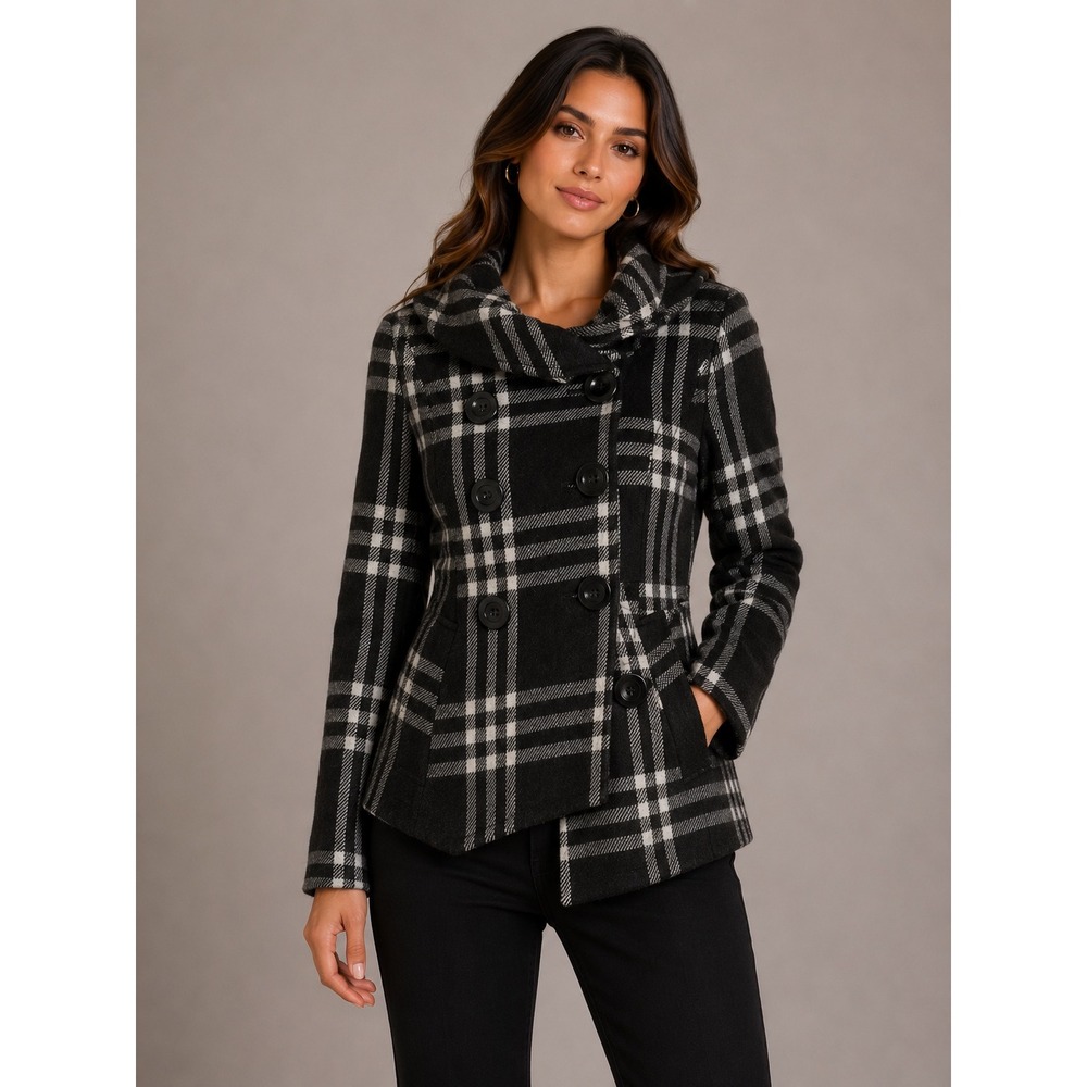 Beverly Hills Polo Club Brown Plaid Double Breasted Pea Coat Funnel Neck Medium